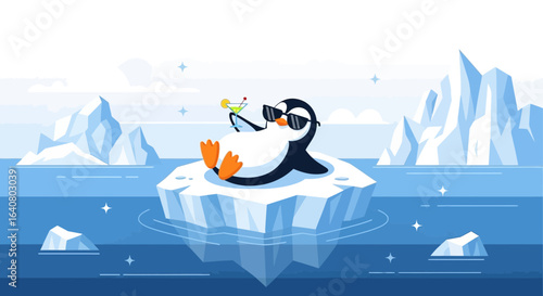 Penguin enjoying a cocktail on an iceberg under the sun illustration vector art