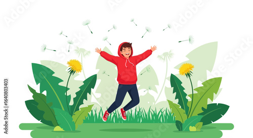 Joyful Moment Of Youth A Boy Jump With Dandelions In The Field And Freedom