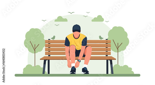 Man tying shoelaces before a run, sitting on a park bench surrounded by nature