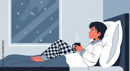 Pensive young man with coffee gazes out window on a rainy day in deep thought