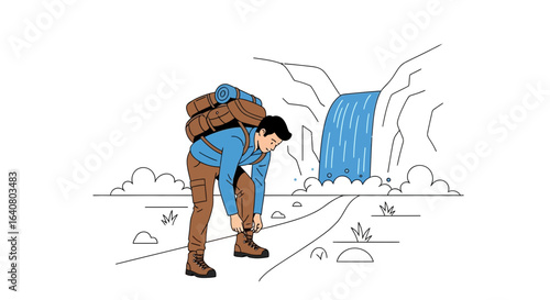 Man tying shoelaces during hiking adventure near waterfall in nature illustration