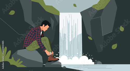 Man tying shoelaces on hiking boots near waterfall in nature scenery illustration