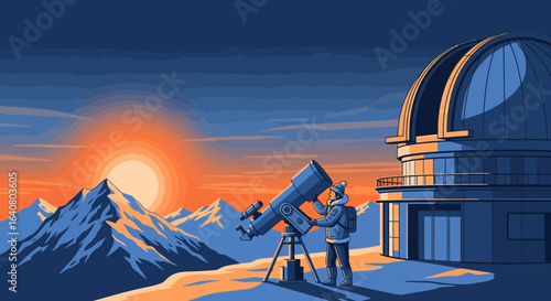 Person At Observatory Gazing At Stars During An Amazing Mountain Sunset