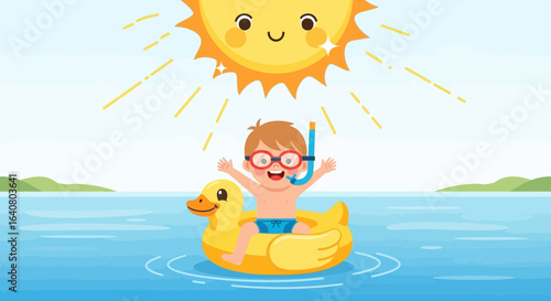 Joyful Sunny Day Cartoon Child Relaxing on Inflatable Duck Water Adventure