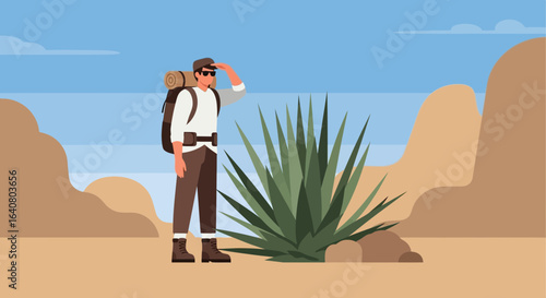 Man With Backpack Enjoying Desert Landscape Adventure On Vacation Destination