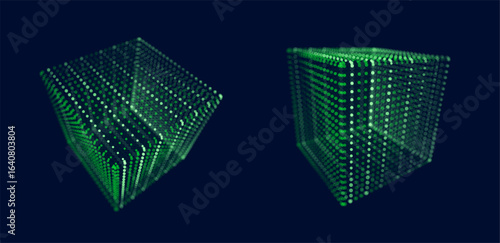 Abstract 3D green cube made of particles and wireframe mesh, futuristic digital block design representing global network, AI, blockchain, data visualization, and cyber technology.