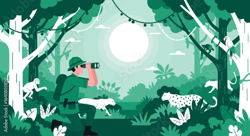 Jungle Explorer Seeking Wildlife Discoveries In Dense Rainforest With Binoculars