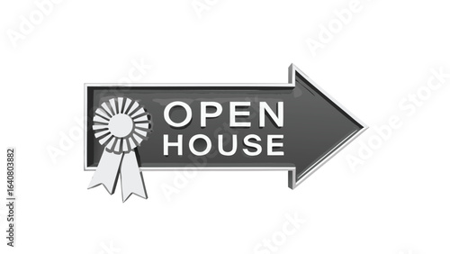 A gray arrow with open house text and a rosette pointing to the right side in monochrome style