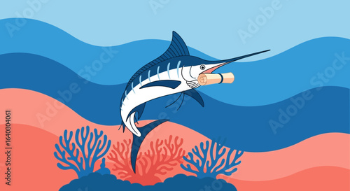 Marlin Delivers A Scroll Underwater With Coral Reefs And Stylized Ocean Waves