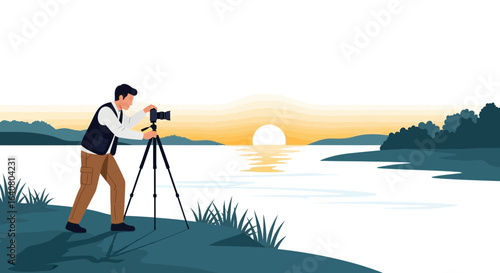 Photographer Capturing Serene Sunset Scenery With Tranquil Lake Views Illustration
