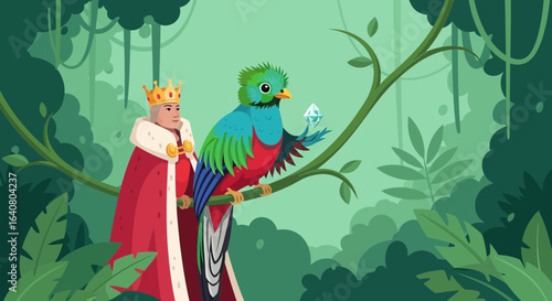 King And Quetzal Bird Discovering Treasure In Tropical Jungle Foliage