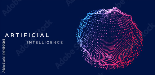 Blue abstract 3D globe made of mesh and particles, representing global network design, AI intelligence, blockchain, data, cyber technology, and futuristic science visualization