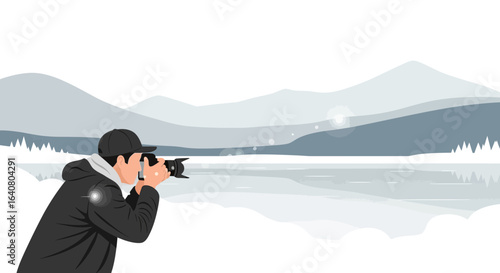 Photographer Capturing Winter Landscape with Mountains And Reflective Lake Scene