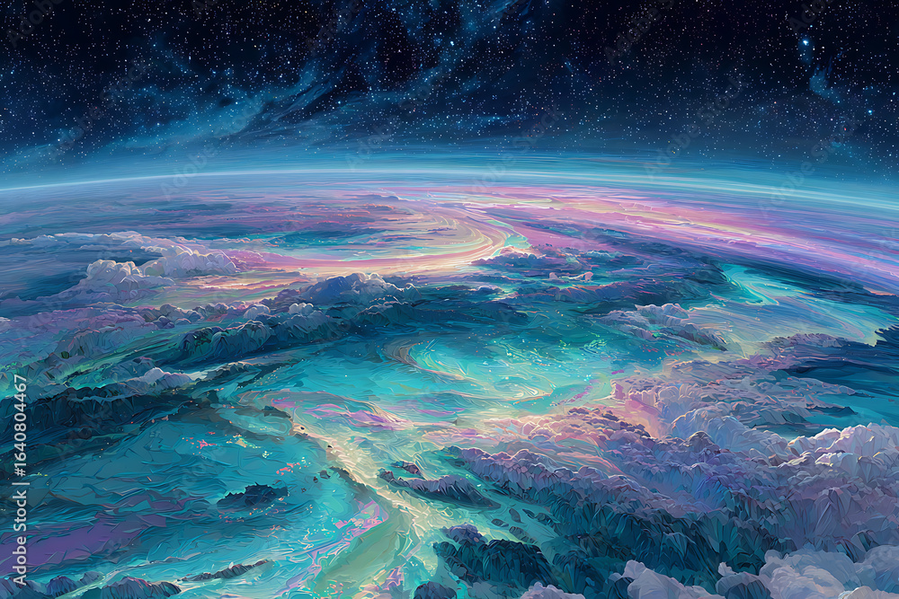 Fototapeta premium Dreamy planet landscape with clouds and stars fantasy art wallpaper background space exploration scene 4k