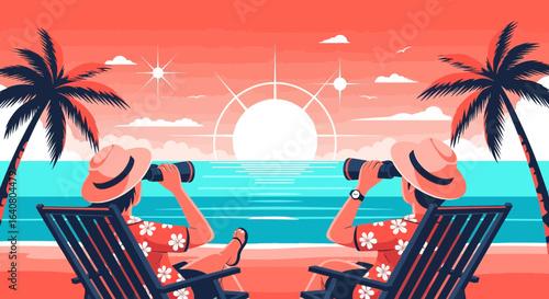 Men Enjoying Tropical Vacation Watching Sunset With Binoculars Near Palm Trees