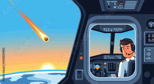 Pilot in cockpit witnessing meteor impact during flight illustration concept