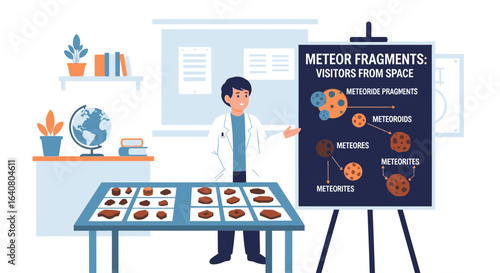 Lecturer Explaining Meteor Fragments From Space Using Illustration For Education