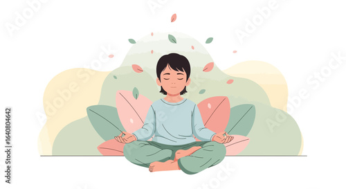 Mindful Meditation Illustration Girl Achieving Tranquility Relaxing Among Nature