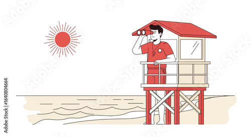 Lifeguard Observes Ocean From Tower Beach Safety Summer Scene Concept