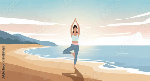 Mindful Morning Yoga On Beach With Harmony Ocean For Wellness Lifestyle