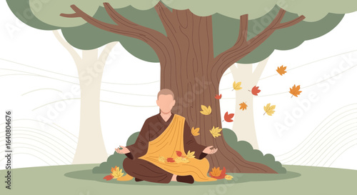 Mindful Monk Meditating Underneath a Tree in an Autumnal Serene Landscape