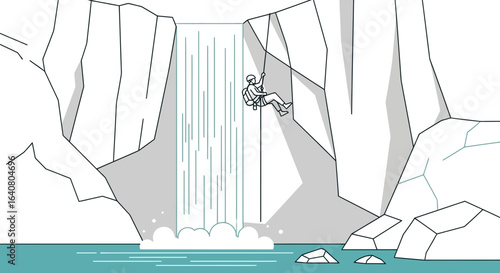 Line art illustration featuring a rock climber rappelling down a cliff near a waterfall offering a sense of adventure and challenge