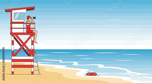 Lifeguard on duty at the beach observing the sea from the lifeguard tower
