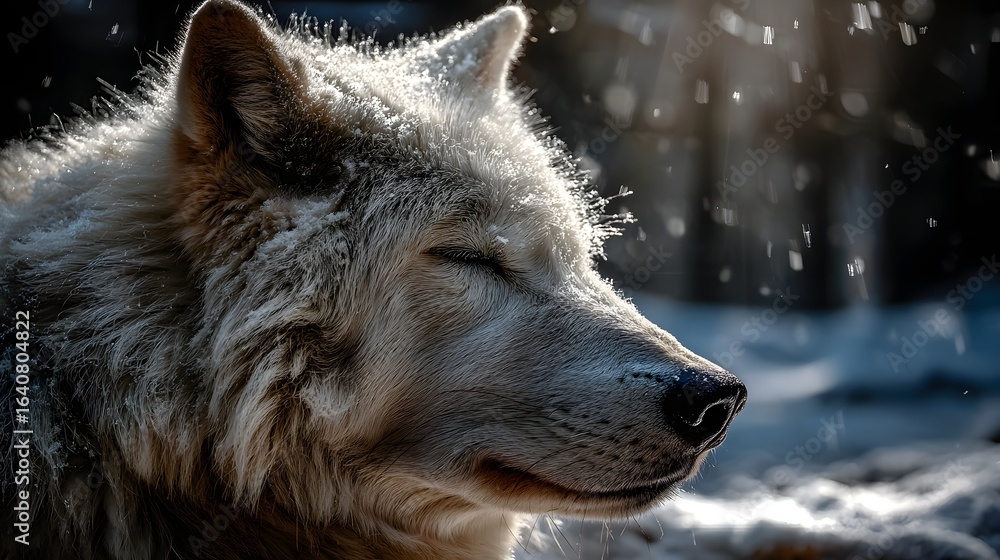 Obraz premium Close-Up Portrait of a Serene White Arctic Wolf in Snowy Forest Lighting perfect for wildlife conservation campaigns, nature magazine covers, arctic habitat education and animal photography exhibition