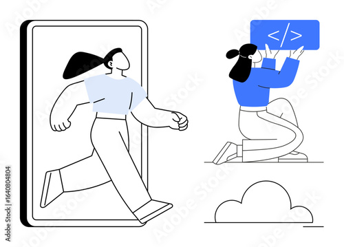Woman exiting digital screen coder interacts with coding box above cloud. Ideal for innovation, technology, coding, mobility, digital transformation, online learning, simple landing page