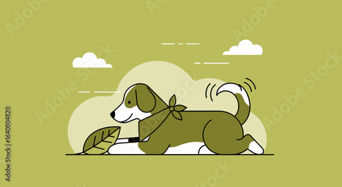 Playful dog illustration with bandana resting with leaf, embodying pet happiness and outdoor vector scene