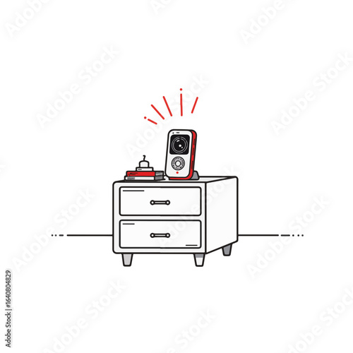 Minimalist baby monitor on nightstand with red accent, modern parenting