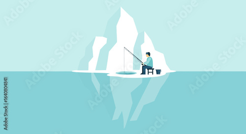 Minimalist Illustration Depicting Ice Fishing Scene with Iceberg Reflection and Fisherman