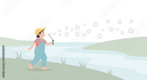 Little Boy Enjoys Blowing Bubbles Outdoors Near River In Summer Illustration