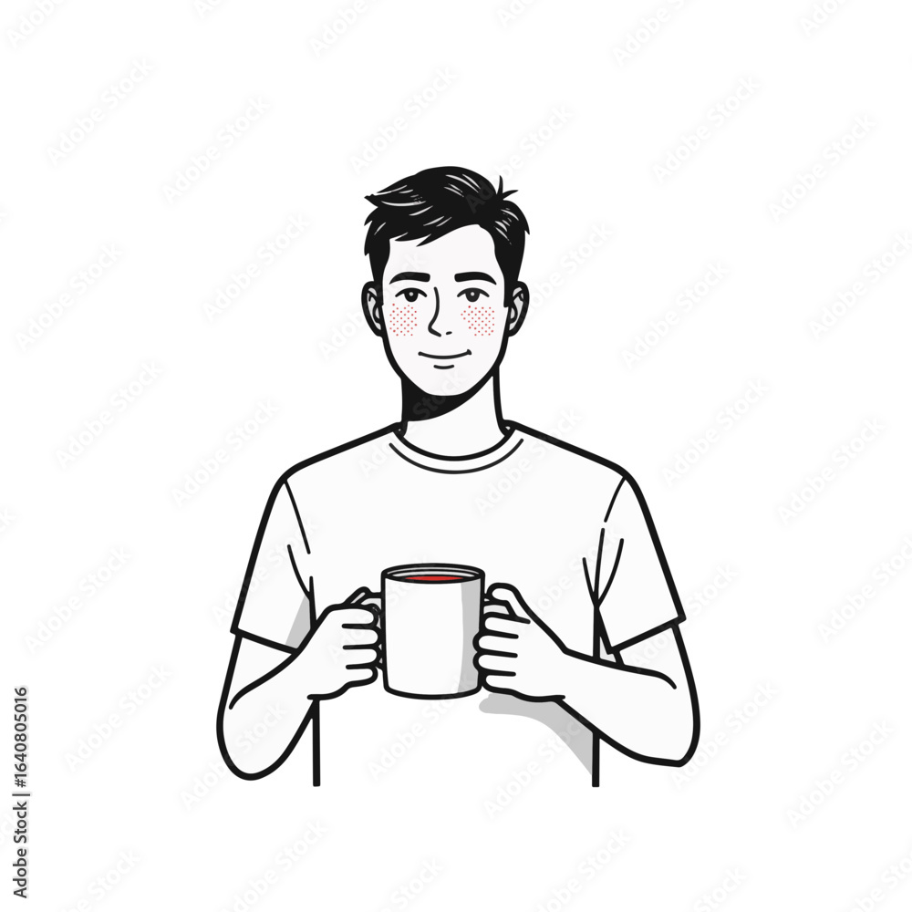 Obraz premium Smiling man holding mug in minimalist design, warmth and comfort