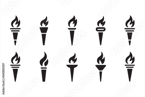 Black Torch Flame Icon Set for Olympic Victory and Achievement
