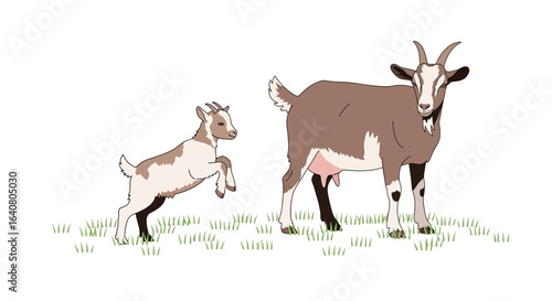 Playful Goat And Mother Grazing On Pasture In Minimalist Illustration Style