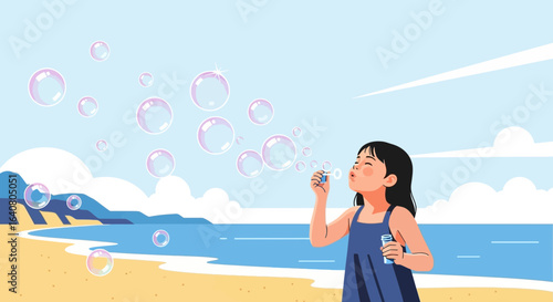 Little girl blowing bubbles on the beach embodying carefree childhood joy in a summery scenic coastal landscape
