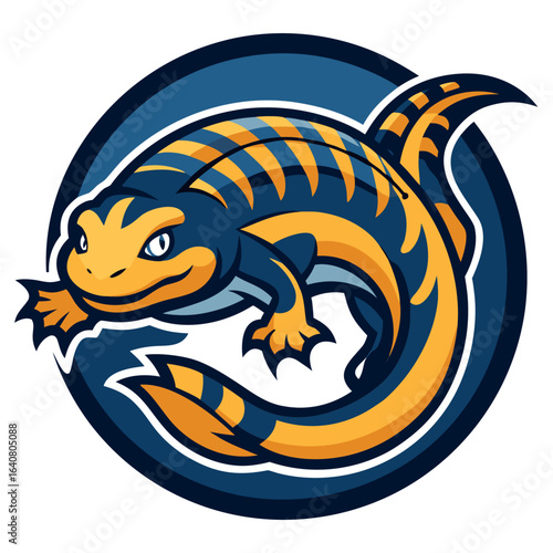 Colorful amphibian character with blue and yellow stripes showcasing spirited design suitable for various uses