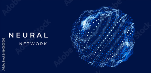 Blue abstract 3D globe made of mesh and particles, representing global network design, AI intelligence, blockchain, data, cyber technology, and futuristic science visualization