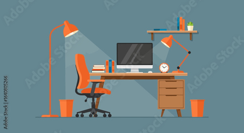 Modern Office Setup With Computer And Desk Lamp Illustration Design