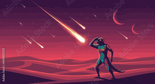 Lizardman Gazing At Shooting Stars In The Dreamlike Fantasy Landscape