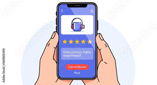Hands holding smartphone giving five star product review with positive feedback and recommendation on mobile app interface