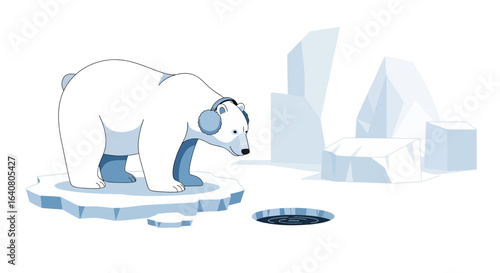 Polar Bear Cartoon Looking into Hole on Ice With Iceberg In The Background
