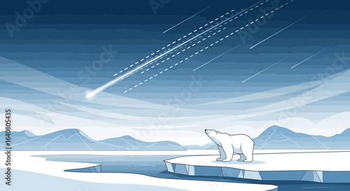 Polar Bear Under A Sky Strewn With Meteor Showers Northern Lights