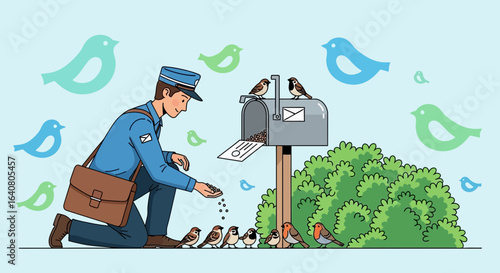 Postman Shares Seeds With Birds Near Mailbox In Digital Illustration