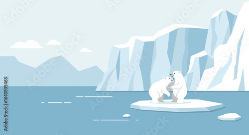Polar Bears Embracing on Ice Floe in Arctic Landscape Illustration with Icebergs and Ocean Depicting Climate Change and Animal Love