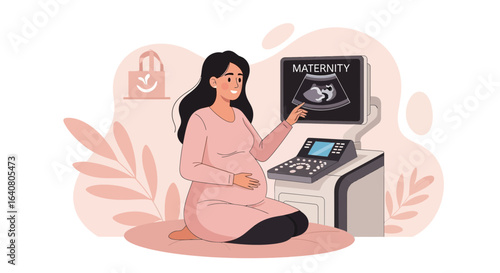 Pregnant woman watching ultrasound scan displaying the baby vector illustration
