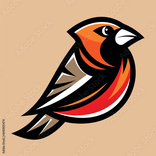 Colorful bird illustration with vibrant orange and black tones on a neutral background