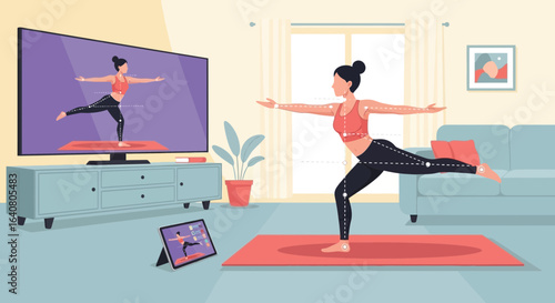 Woman practicing yoga at home following online workout class on TV and tablet in living room