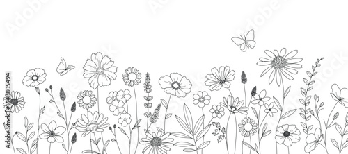 Flower doodle background vector. Black white contour drawing of foliage, wildflower, poppy, peony, eucalyptus, herb. Illustration design for card, interior, wedding, invitation, decor, banner.